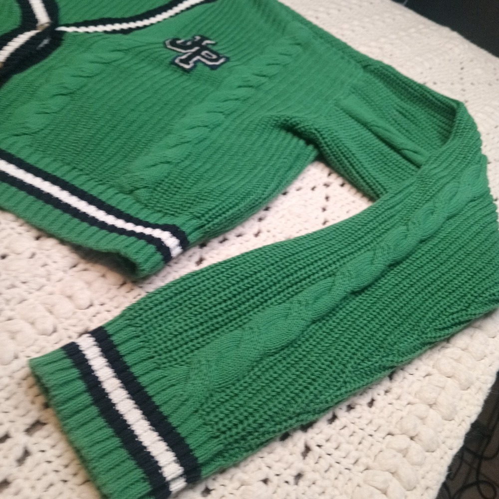 Forever 21 Green Cable Knit 1X Sweater Stripe Academia Varsity‎ Cardigan Prep - Picture 5 of 12